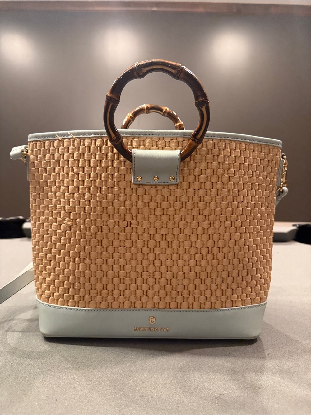 Spartina 449 Tan Woven Tote with Light Blue Trim & Bamboo Handles